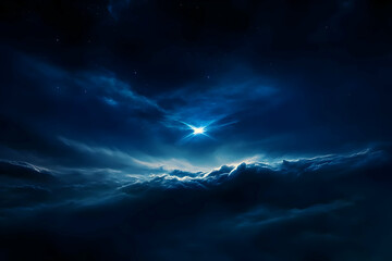 Digital Painting of a Star Shining Brightly Above Dark Clouds and Stars in a Deep Blue Night Sky