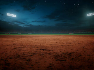 Night Baseball Field: A 3D Render of an Empty Infielder's Dirt Under Night Sky with Stadium Lights and Distant Crowd.