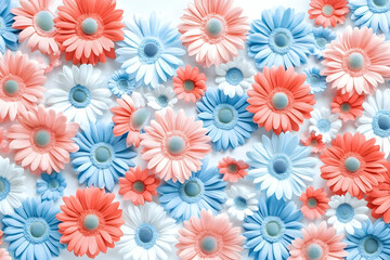 Pastel Gerbera Daisies Floral Pattern Background: A Delightful Arrangement of Soft Pink, Blue, and White Flowers in a Flat Lay Composition.