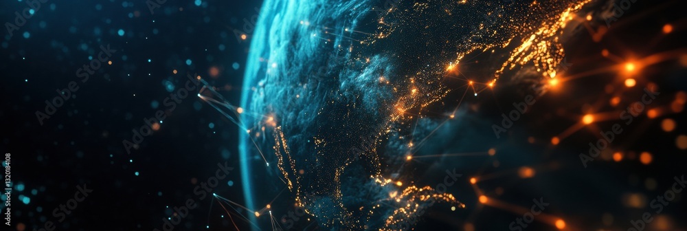 Poster Night view of planet Earth from space illustrating global communications and technologies with light patterns connecting regions