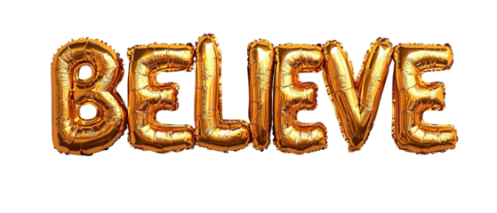 Png of Shiny gold balloons spelling the word 'BELIEVE' create a festive and motivational atmosphere on transparent background.