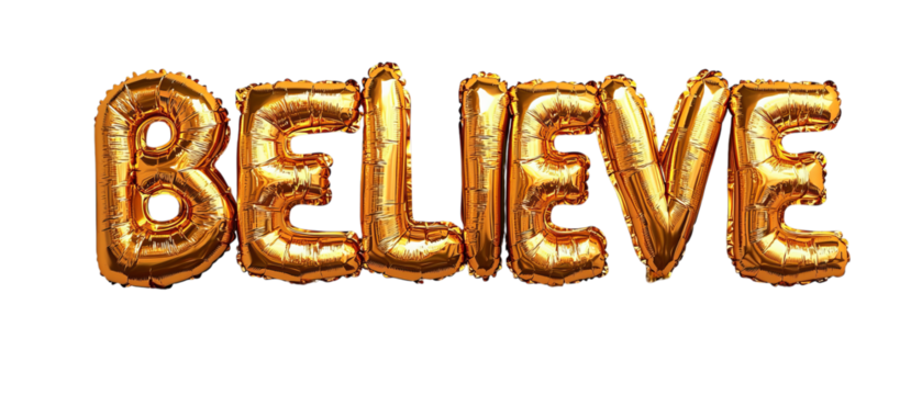 Png of Shiny gold balloons spelling the word 'BELIEVE' create a festive and motivational atmosphere on transparent background.