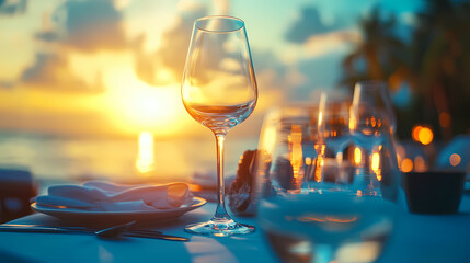 Wine Glasses at Sunset: A delicate wine glass stands poised on a beautifully set table at dusk, with the ocean visible, the warm sunset casting a warm glow over the evening ambiance.
