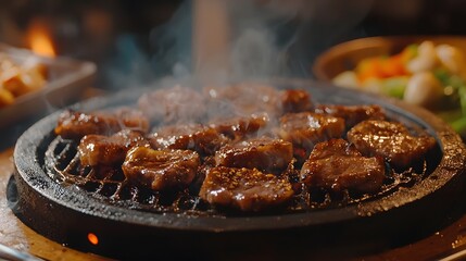 Close-up of sizzling Korean BBQ on a tabletop grill
