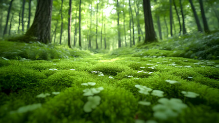 Obraz premium Lush Green Moss Carpet in a Sun-Dappled Forest, a Vibrant Nature Scene with Delicate White Flowers.