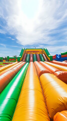 Inflatable Fun Slides: Multicolored, Giant, Outdoor Playground under Sunny Sky