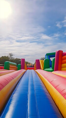 Colorful Inflatable Obstacle Course Extends Under a Sunny Sky