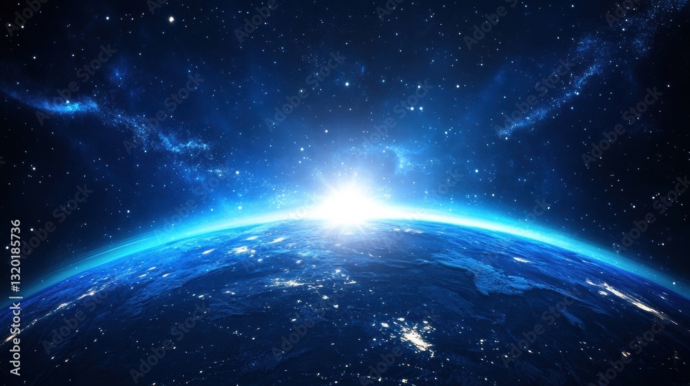 Poster Night view of planet Earth from space showcasing light lines of communication and connection across continents for global finance and technology