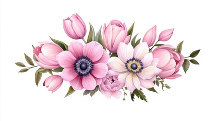 Pink floral arrangement with tulips and anemones.