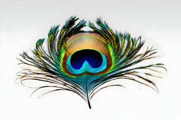 Fototapeta premium Vibrant Peacock Feather Displays Iridescent Colors Against White Background, Detailed Close-up Shot.