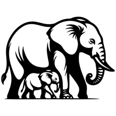 Elephant Mother and Baby Sketch Drawing.