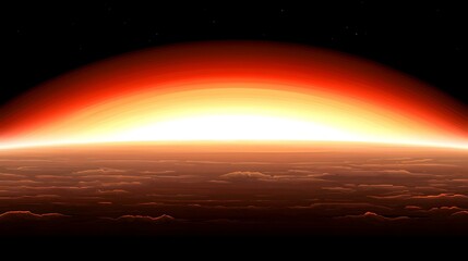 A digital painting of a sunset or sunrise on an alien planet, with a fiery, reddish-orange sky transitioning to a bright yellow horizon, above a dark, textured landscape.