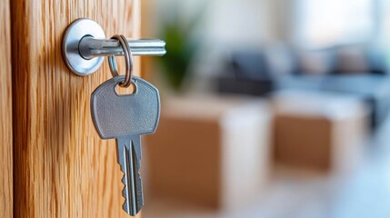 Key inserted in wooden door with blurred background.
