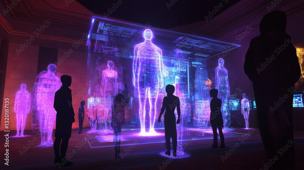 Aufkleber Digital avatars interact in a vibrant metaverse lobby showcasing holographic interfaces and futuristic designs at dusk