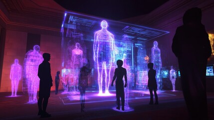 Digital avatars interact in a vibrant metaverse lobby showcasing holographic interfaces and futuristic designs at dusk