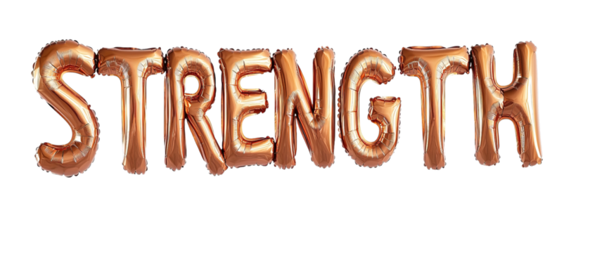 Png of Gold balloons spelling out 'STRENGTH' on transparent background.
