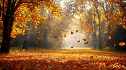 Beautiful autumn landscape with yellow trees and sun, colorful foliage in the park, falling leaves