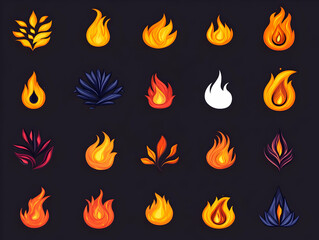 Collection of 20 Vivid Flame and Leaf Illustrations on Dark Background