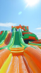 Inflatable Water Park Slides: Colorful Summer Fun under Bright Sunny Skies