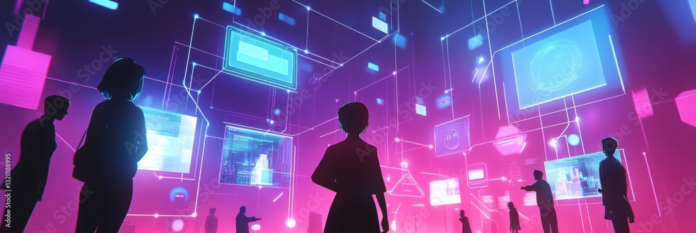 Poster digital avatars interact in a vibrant metaverse lobby showcasing holographic displays and social con