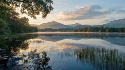 Fototapeta premium Beautiful lake at sunrise with reflection of mountains and trees