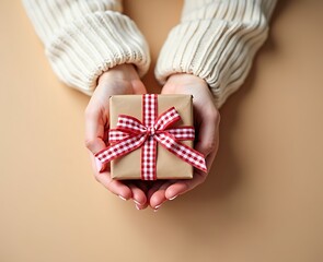 valentines day kraft paper gift box with heart and pink ribbon from top-down