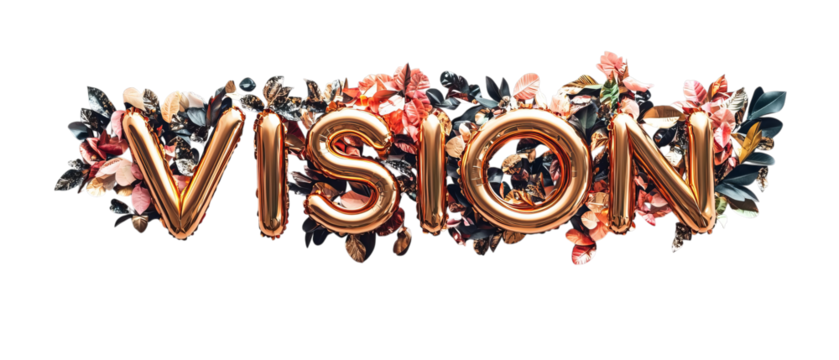Png of A stylish 'VISION' text adorned with vibrant flowers, combining elegance and creativity in design on transparent background.