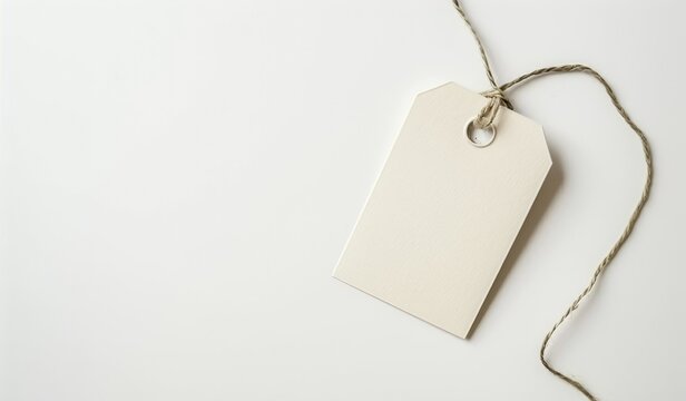 Minimalist blank beige gift tag isolated on white background with soft shadow. Simple paper or cardboard tag