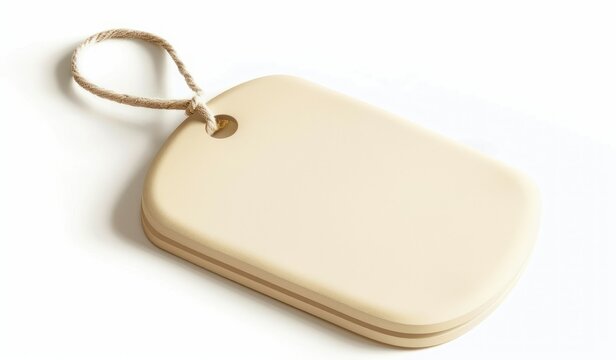 Minimalist blank beige gift tag isolated on white background. Simple paper or cardboard tag.