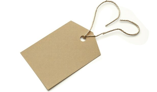 Minimalist blank beige gift tag isolated on white background. Simple paper or cardboard tag.