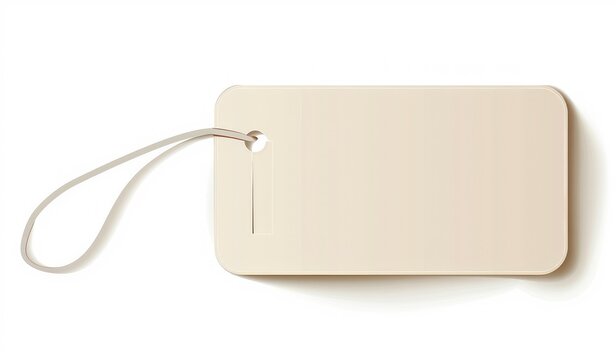 Minimalist blank beige gift tag isolated on white background. Simple paper or cardboard tag.