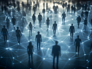 Abstract Network Illustration: Silhouettes of People Connected by Glowing Lines in a Blue Hue, Depicting Interconnectivity and Global Communication