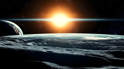 Digital illustration of a celestial body's surface, showing a bright star and another planet in the background, creating a dramatic cosmic landscape.