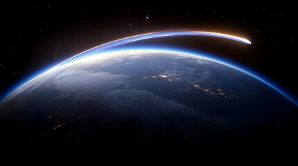 A Digital 3D Illustration of Earth's Atmosphere Shows a Glowing Arc of Light Above the Planet at Night, Viewed from Space, with City Lights Visible Below.