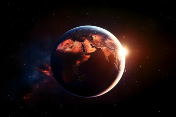 Obraz premium Digital illustration of Earth from space, sunrise illuminating continents and city lights, cosmic background with stars and nebula, detailed realistic rendering.