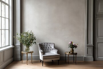 Elegant armchair in a minimalist room with flowers.