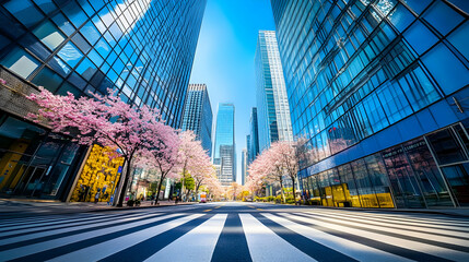 Obraz premium City Meets Nature: Cherry Blossoms Over a Crosswalk in Seoul