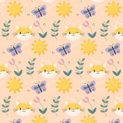 spring with sun cat butterfly flower pattern