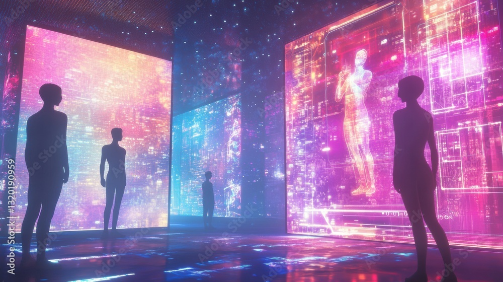 Aufkleber exploring digital interactions in a vibrant metaverse lobby with holographic elements for social eng