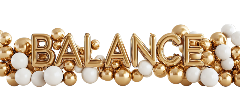 Png of Elegant gold and white balloons form the word 'BALANCE', creating a festive and uplifting atmosphere on transparent background.