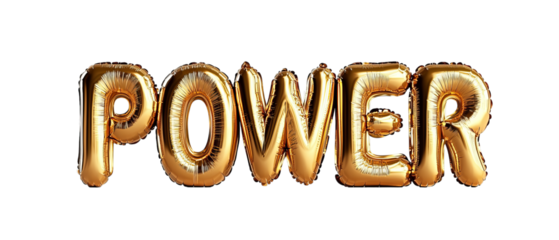 Png of Golden balloons spelling out the word 'POWER', embodying strength and positivity on transparent background.