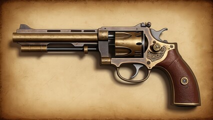  an intricately designed steampunk revolver with brass and wood accents