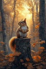 Fototapeta premium squirrel sitting on tree stump in autumn forest with golden leaves under sunlight