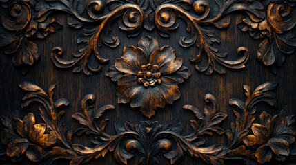 Intricate hand carved floral design on antique wooden texture background
