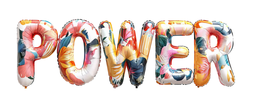 Png of Colorful floral balloons spelling 'POWER', symbolizing strength and energy on transparent background.