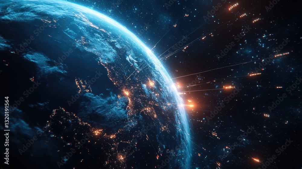 Poster Night view of planet earth illuminated by lights representing global communication networks and technological connections