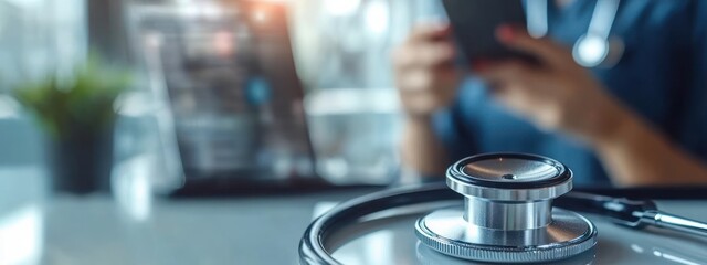 Modern Medical Workspace with Stethoscope Health Technology and Doctor Using Smartphone in Hospital