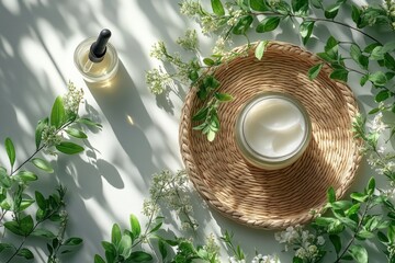 Natural Organic Skincare Cream and Serum with Green Plants