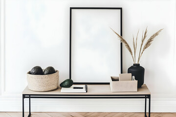 Stylish Minimalist Home Decor:  Avocados in a Basket, Pampas Grass in a Vase, and a Blank Frame Resting on a Modern Coffee Table Against a White Wall.