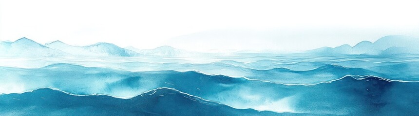 Turquoise Blue Ocean Waves Illustration Abstract Watercolor Landscape